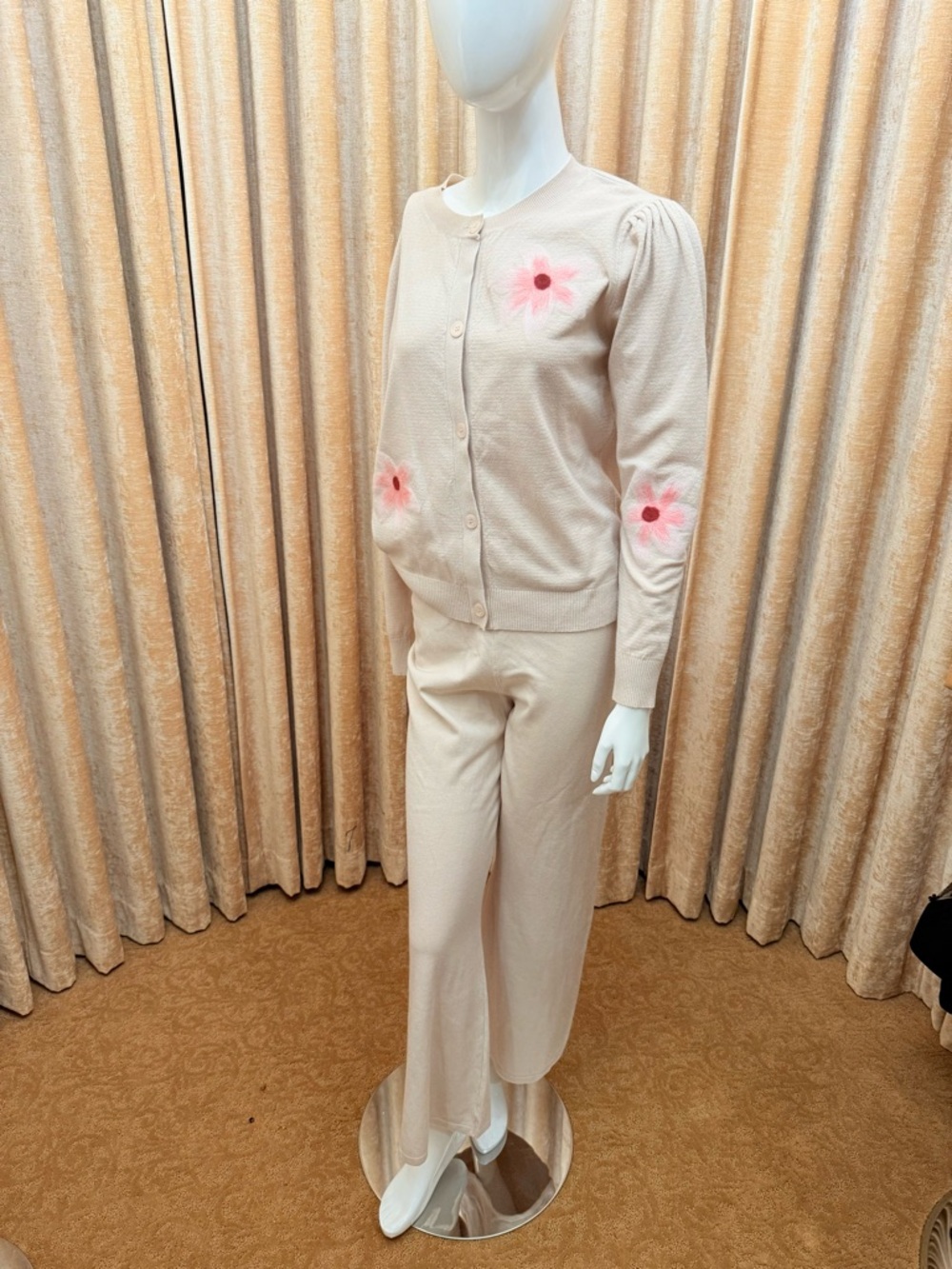 Sioni Cream Knit Wide-Leg Pants & Floral Cardigan Set